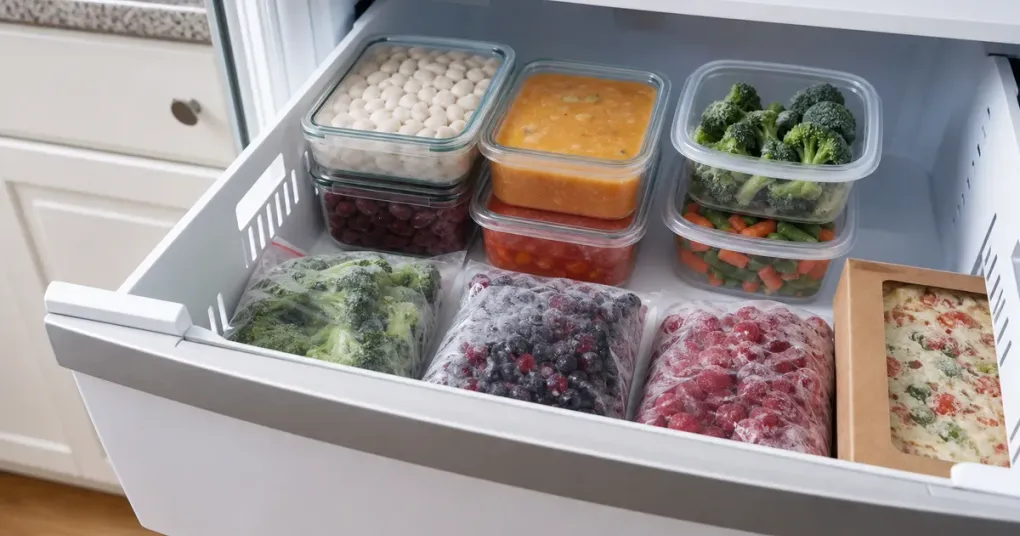Legumes e alimentos naturais armazenados no congelador