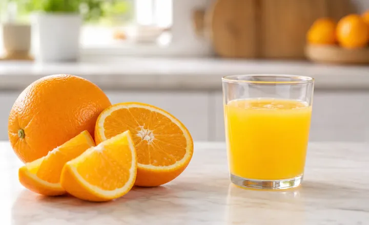 Frutas inteiras ao lado de um copo de suco