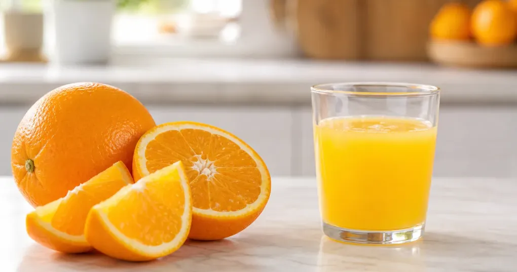 Frutas inteiras ao lado de um copo de suco
