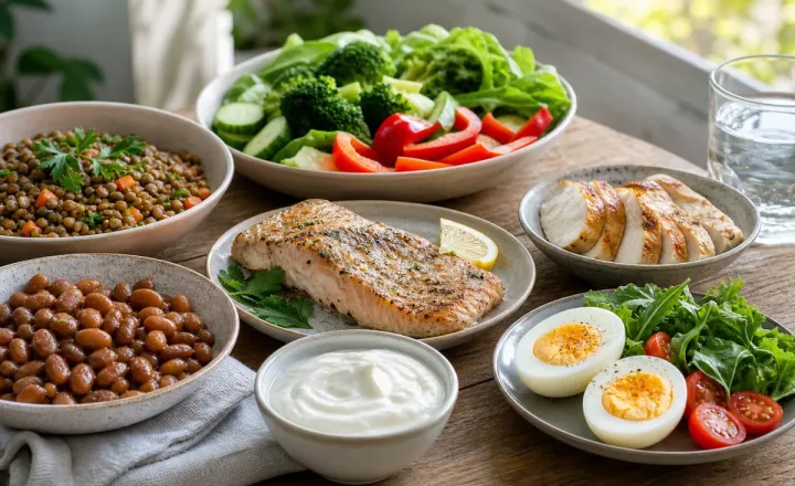 Refeição com fontes variadas de proteína