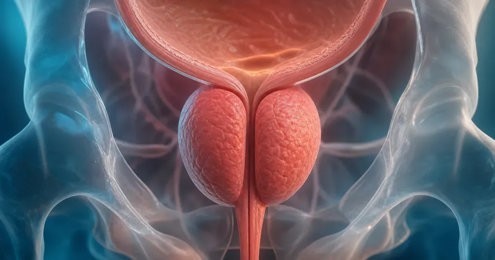 Ilustração anatômica da próstata e do sistema urinário masculino