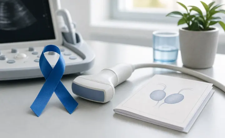 Exame de ultrassom da região testicular em ambiente clínico
