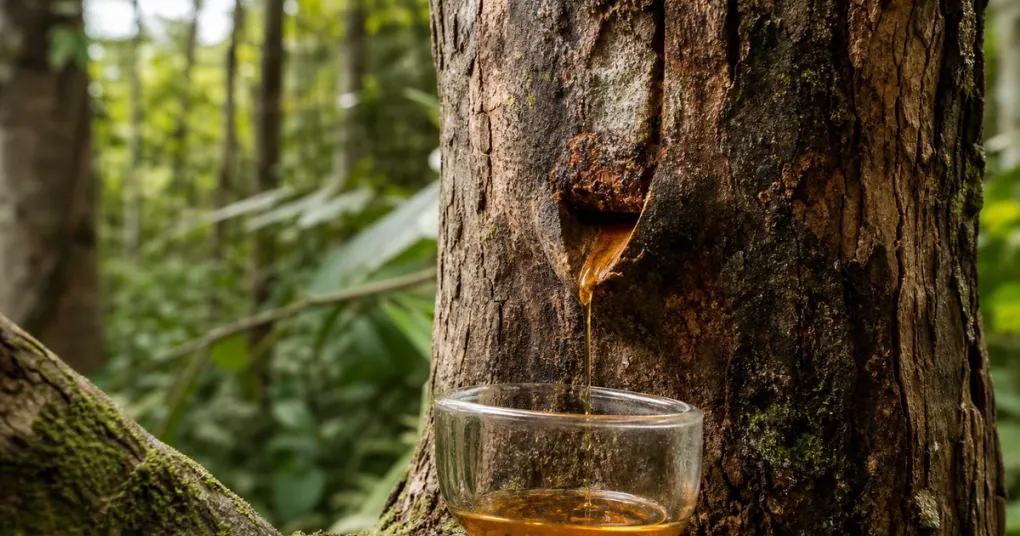 Óleo de copaíba ao lado de elementos da planta