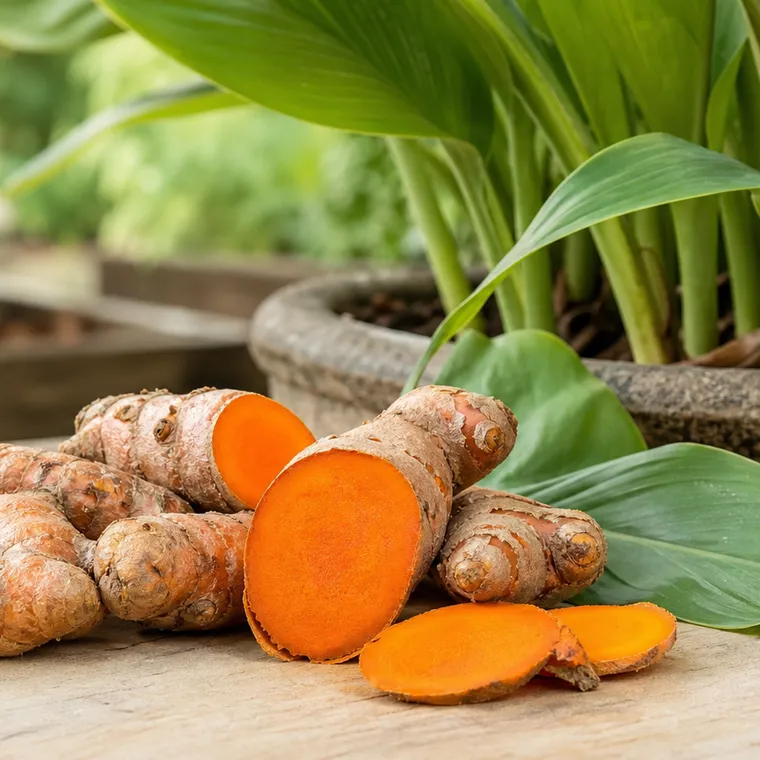 Raízes e pó alaranjado de cúrcuma