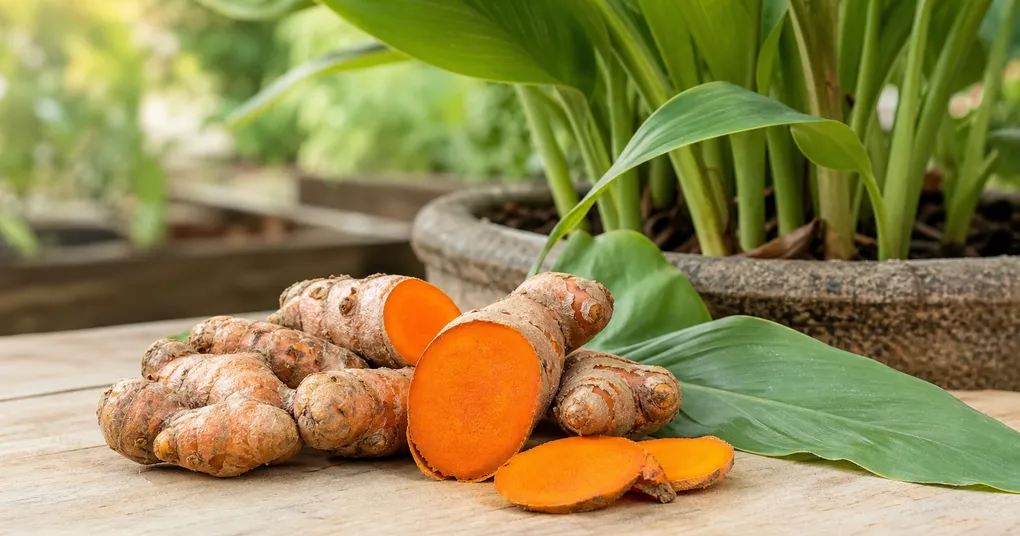 Raízes e pó alaranjado de cúrcuma