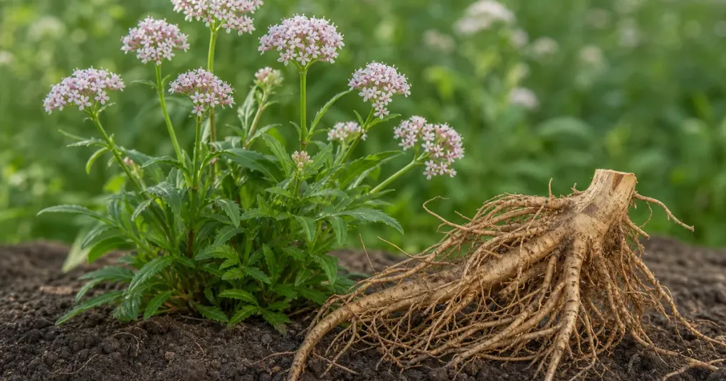 Raízes e flores da planta valeriana